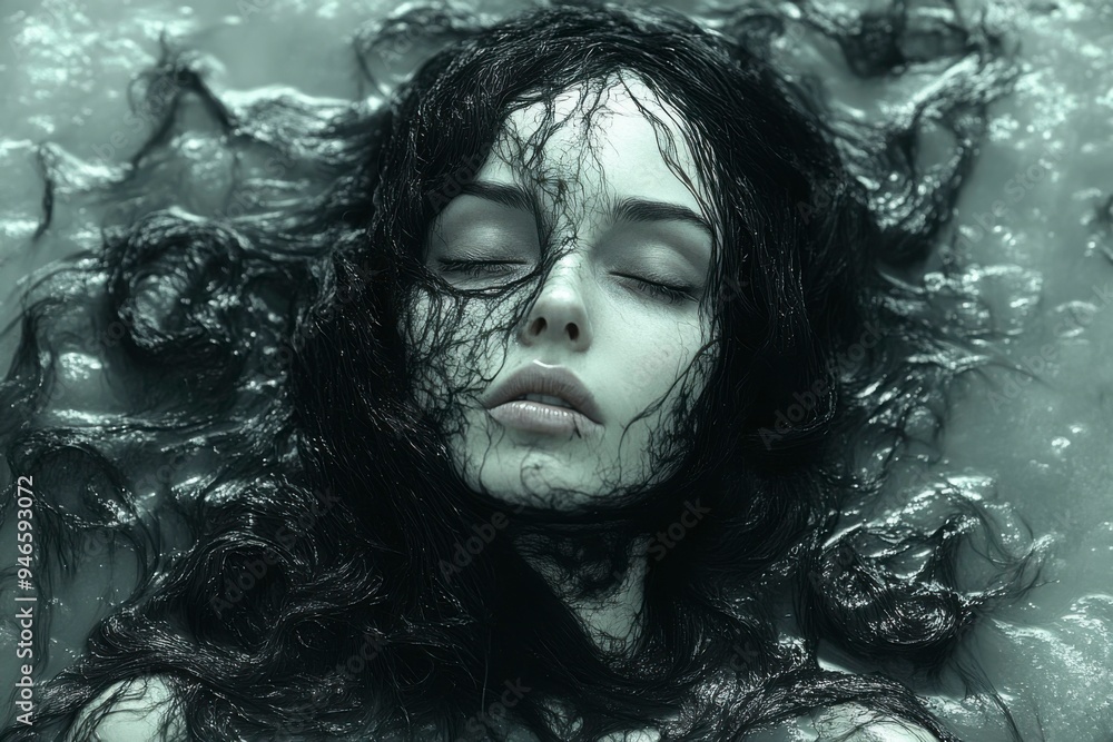 Woman Submerged in Black Liquid with Eyes Closed Woman Submerged in Black Liquid with Eyes Closed