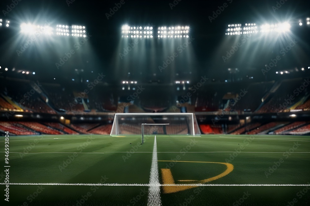 Fototapeta premium A football stadium with a goal post in the background, capturing the anticipation and excitement of a game in progress. - Action and thrill in sports