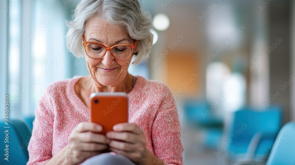 An elderly woman with grey hair and glasses uses an orange smartphone in a relaxed setting, showcasing engagement with technology and a serene lifestyle. An elderly woman with grey hair and glasses uses an orange smartphone in a relaxed setting, showcasing engagement with technology and a serene lifestyle.