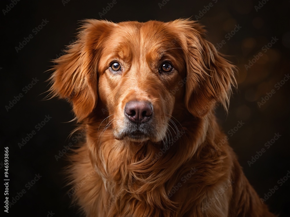 Golden retriever gazes directly at the camera in a softly lit indoor setting Golden retriever gazes directly at the camera in a softly lit indoor setting