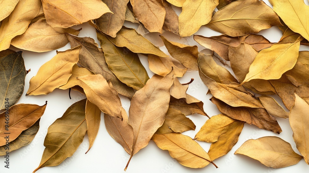 Close-up of dried curry leaves spread out on a white surface, highlighting their texture and detail, no people. Close-up of dried curry leaves spread out on a white surface, highlighting their texture and detail, no people.