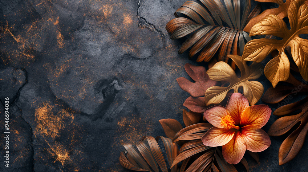 A flower with leaves is on a black background A flower with leaves is on a black background