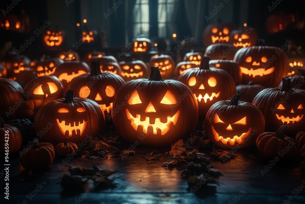 illustration of illuminated carved pumpkins with different evil faces in darkness at Halloween night illustration of illuminated carved pumpkins with different evil faces in darkness at Halloween night