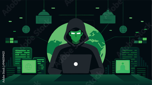 Hacker programmer it specialist coder sitting at a laptop in the hoodie vector illustration