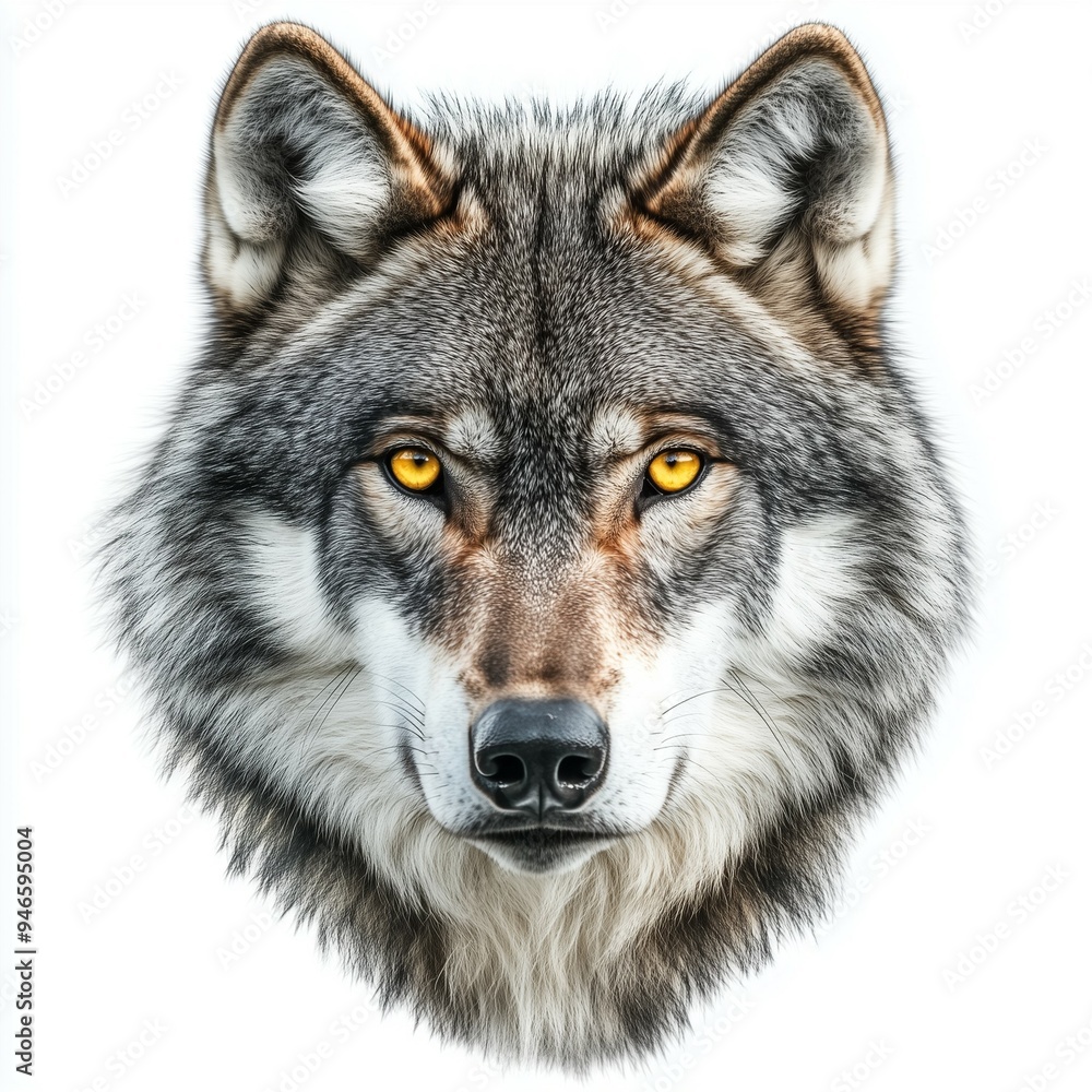 Detailed wolf head illustration with intense yellow eyes on a white background Detailed wolf head illustration with intense yellow eyes on a white background