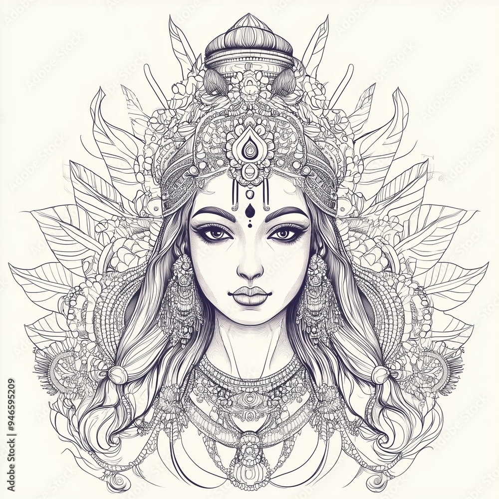 Intricate black and white line drawing of a goddess with detailed ornamental headpiece and jewelry Intricate black and white line drawing of a goddess with detailed ornamental headpiece and jewelry