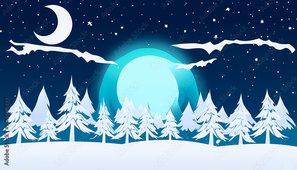 Naklejka premium Winter Forest Scene with Full Moon, Crescent Moon, and Snow-Covered Trees Under a Starry Sky