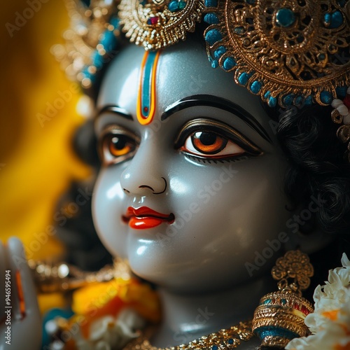 Beautifully detailed sculpture of Lord Krishna with ornate jewelry and traditional adornments. Krishna Janmashtami, Govardhan Puja, Vishu Kani. photo