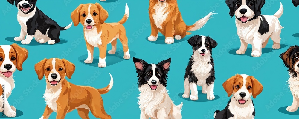 A colorful pattern featuring playful dogs of various breeds against a bright teal background in a cheerful design A colorful pattern featuring playful dogs of various breeds against a bright teal background in a cheerful design