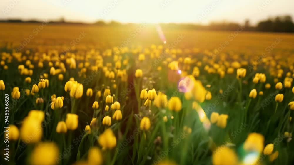 Flower field at sunset with yellow blooms Flower field at sunset with yellow blooms