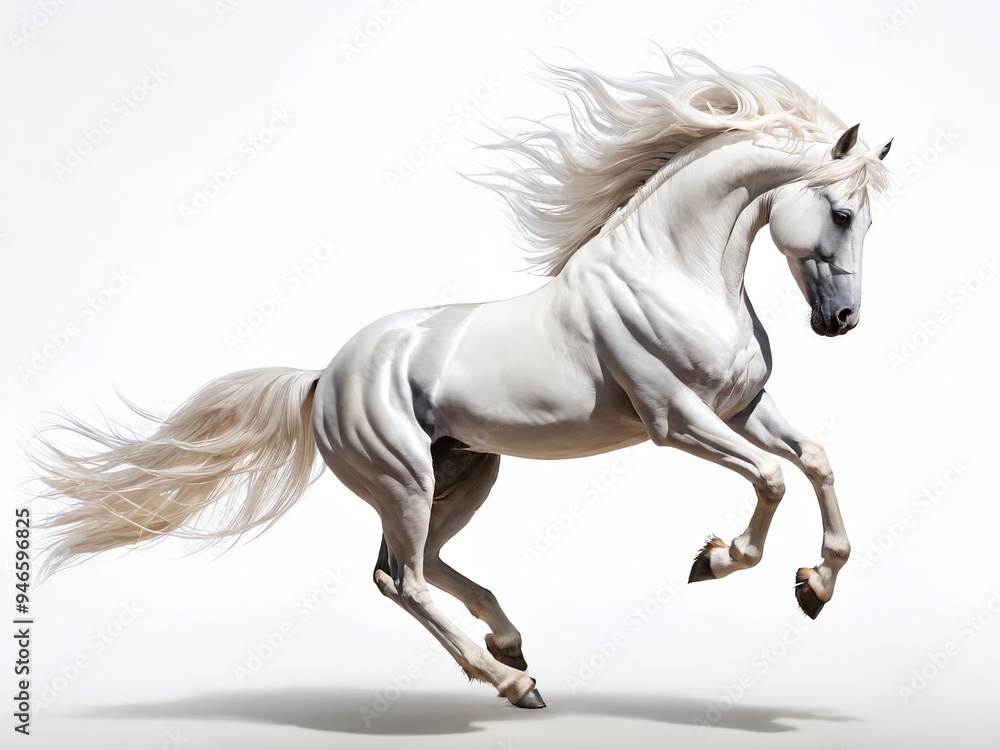 Majestic white horse frolicking in a studio setting with flowing mane and vibrant energy captured in bright light Majestic white horse frolicking in a studio setting with flowing mane and vibrant energy captured in bright light