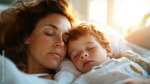 A serene image capturing a mother and her young child sleeping peacefully together in bed, bathed in the gentle sunlight streaming through the window.