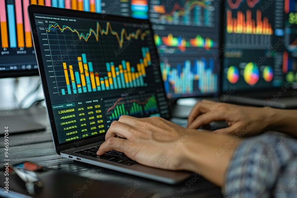 Fototapeta premium Close-up of analyst's hands typing on a laptop while surrounded by charts, graphs, and data visualizations on multiple computer screens.