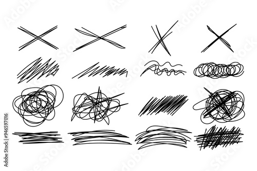 Ensemble de lignes raturés. Gribouillis désordonnés au crayon, coup de pinceau à la main, signature ratée