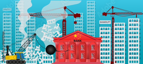 China's Banking System  crisis developed from  property sector bankrupt, financial crisis, Real Estate slump, stock market decline in China Asia	