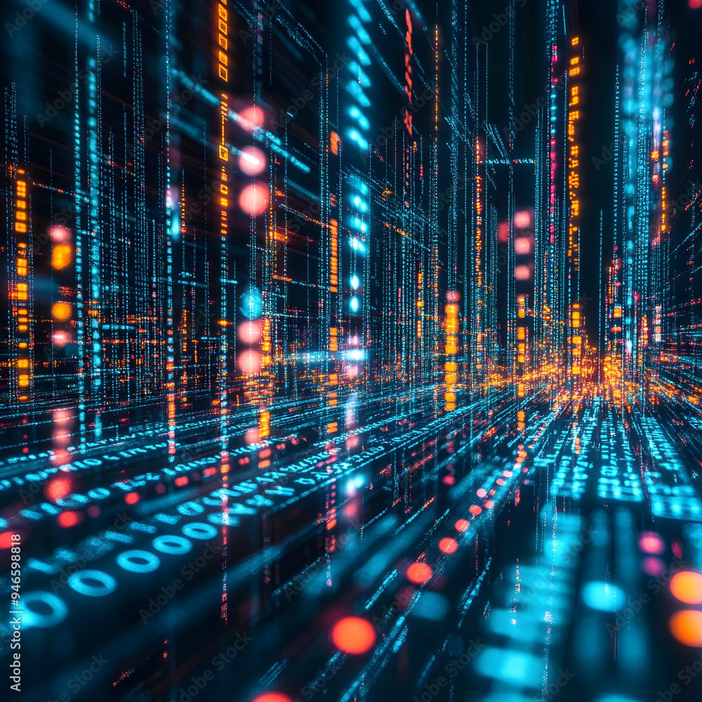 Digital Programming Network Digital telecommunication networks, highlighting data packets, binary ...