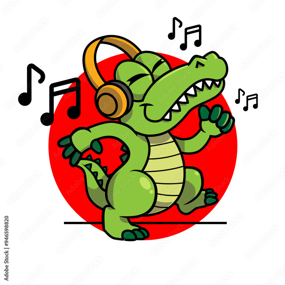 Naklejka premium Cartoon of crocodile walking to the rhythm of the music