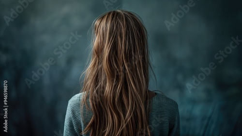 Woman with long wavy hair, rear view.