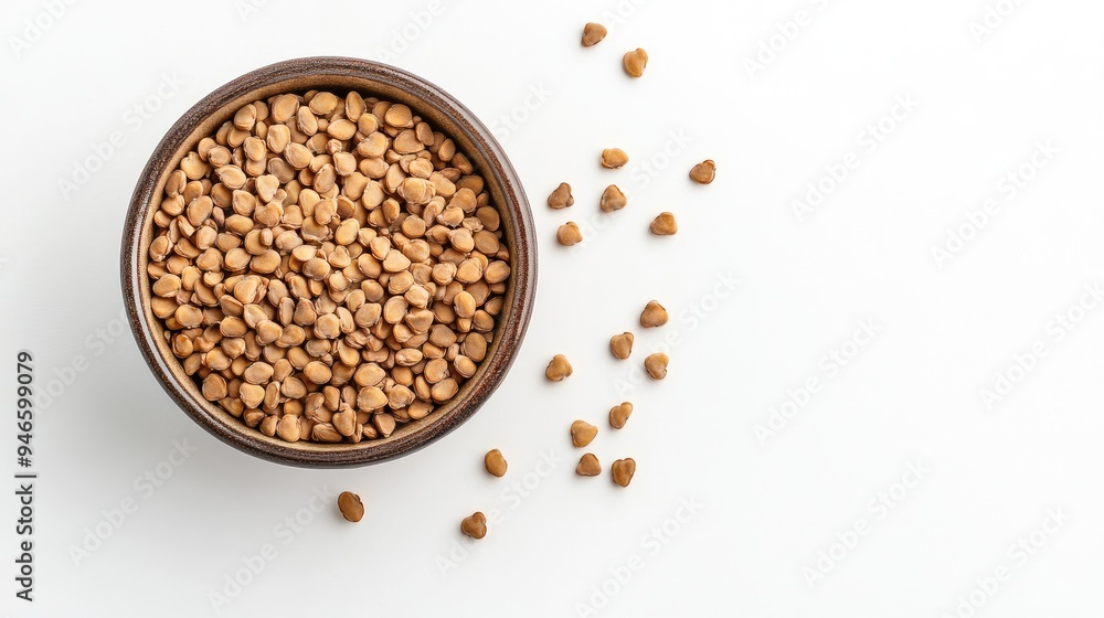 Close-up of fenugreek seeds in a small ceramic bowl, with a few scattered around on a white background, no people. Close-up of fenugreek seeds in a small ceramic bowl, with a few scattered around on a white background, no people.