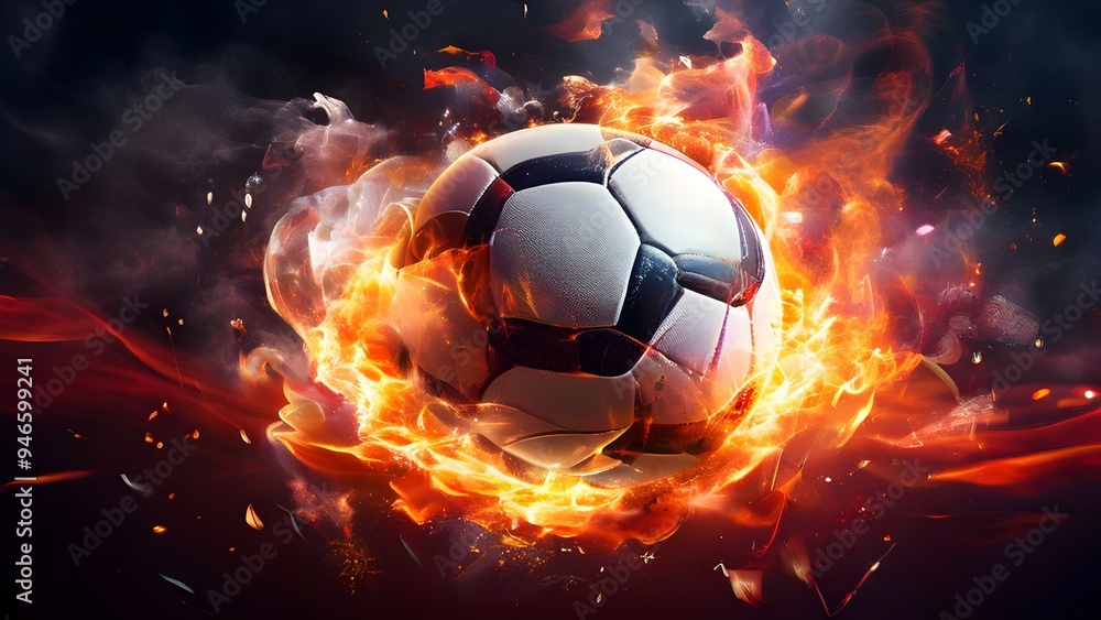 Fototapeta premium A close-up of a football engulfed in flames, symbolizing the raw energy, speed, and intensity of the sport. - Action and thrill in sports