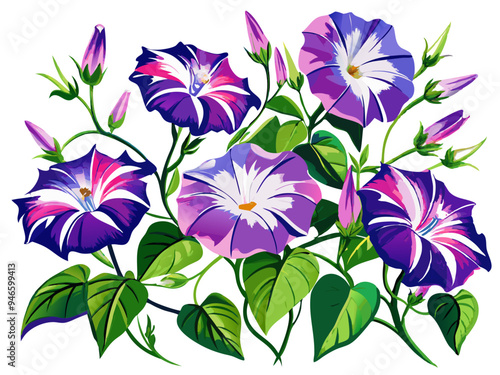 Vibrant Morning Glory Flowers With Green Leaves - Illustration of morning glory flowers with leaves, showcasing natural beauty and elegance. Ideal for botanical designs and nature-themed projects.