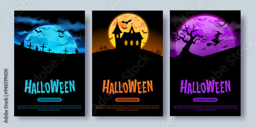 Halloween posters, web banners with silhouettes of graves, a cemetery, a castle, trees, bats and witches. Creative flat blue, orange, purple cards. Creepy, scary, spooky night concept. Vector template