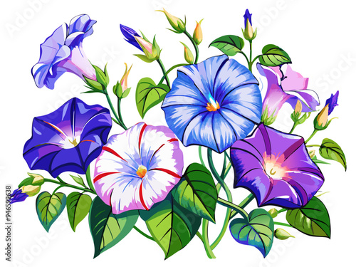 Vibrant Morning Glory Flowers With Green Leaves - Illustration of morning glory flowers with leaves, showcasing natural beauty and elegance. Ideal for botanical designs and nature-themed projects.