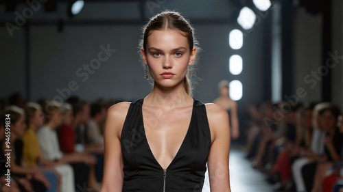 Confident Model in Sleek Black Dress Strutting Down Illuminated Fashion Runway