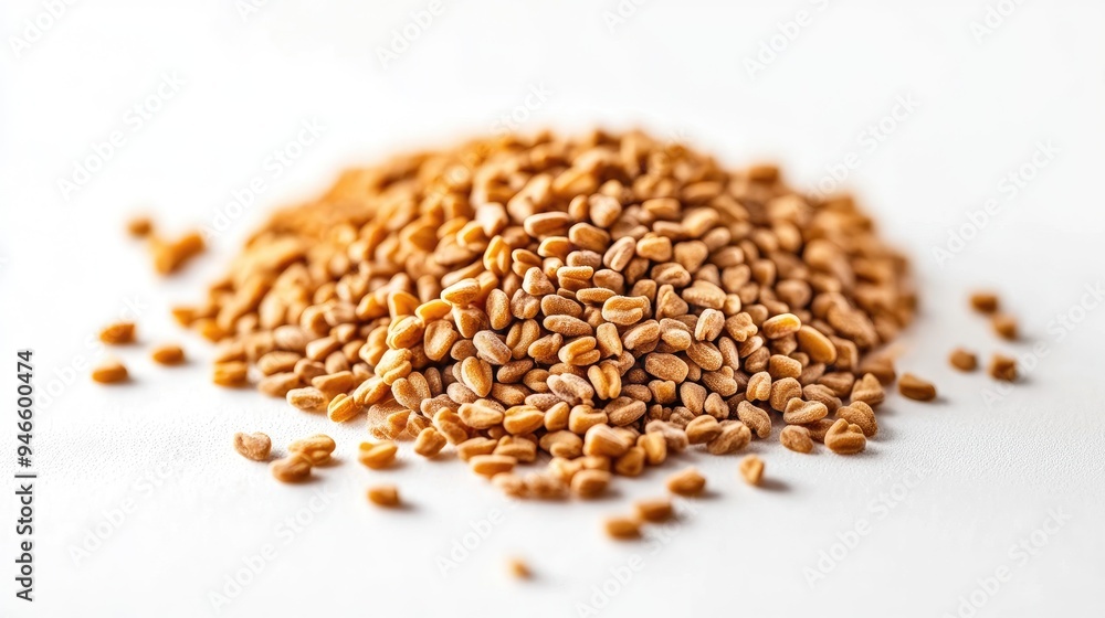 Close-up of fenugreek seeds in a small pile on a white background, showcasing their unique texture, no people. Close-up of fenugreek seeds in a small pile on a white background, showcasing their unique texture, no people.