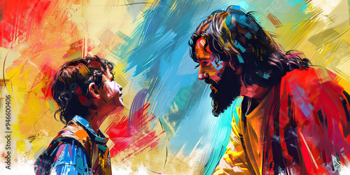 A colorful, childlike drawing of Jesus forgiving Peter, with bright reds, blues, and yellows emphasizing the childlike innocence and forgiveness.