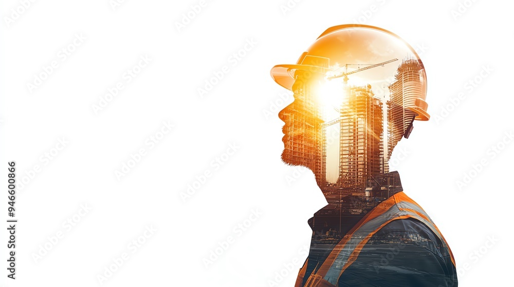 Double exposure portrait of a construction worker, helmet capturing cranes and buildings in motion, symbolizing the influence on urban development, with clear copy space for text Double exposure portrait of a construction worker, helmet capturing cranes and buildings in motion, symbolizing the influence on urban development, with clear copy space for text