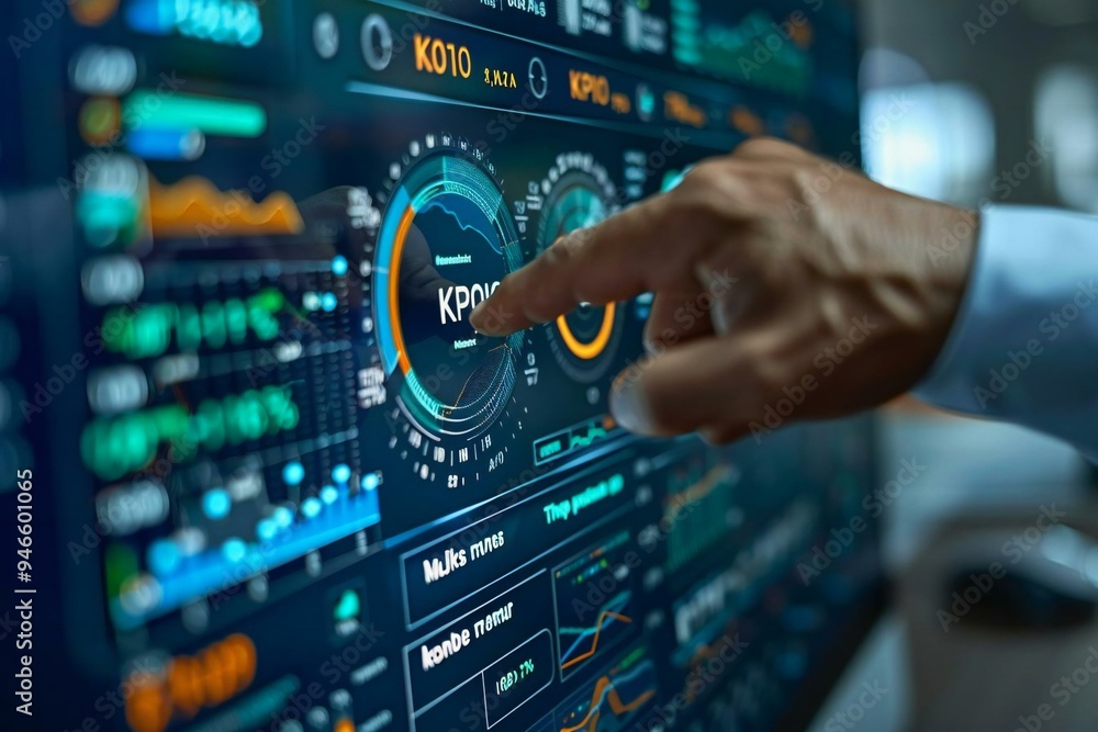 close-up shot of a CEO's hand pointing to a digital display of KPI metrics on a computer screen. close-up shot of a CEO's hand pointing to a digital display of KPI metrics on a computer screen.