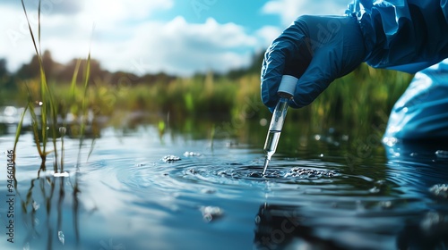 Detailed shot of water sampling for quality testing, a man in protective gear collecting water in a test tube from a lake, emphasizing precision and care, with room for text