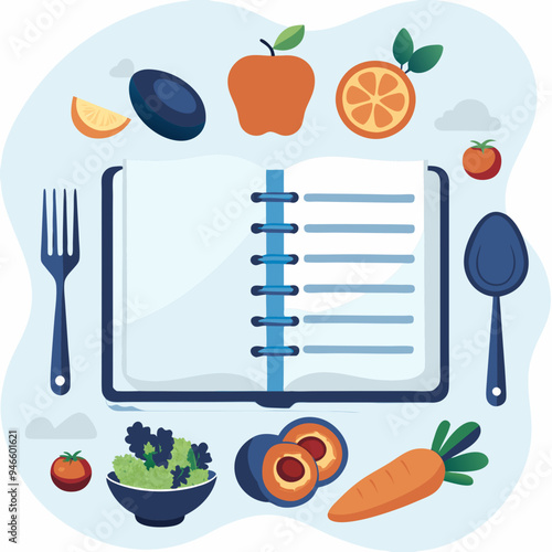 Open recipe book surrounded by fruits and vegetables with utensils on a playful light background