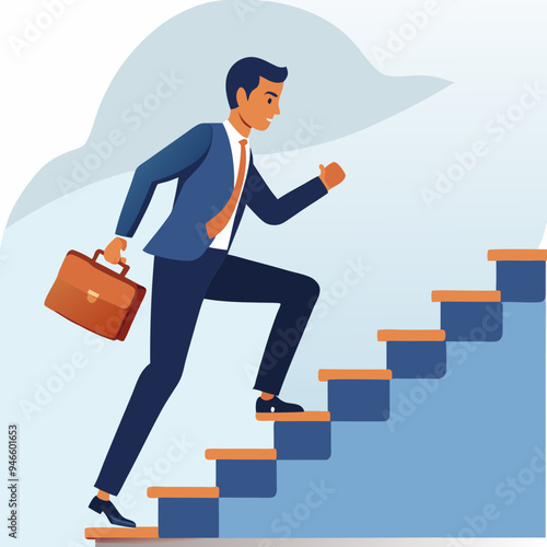 Young businessman confidently climbing stairs with a briefcase against a light cloud-filled background
