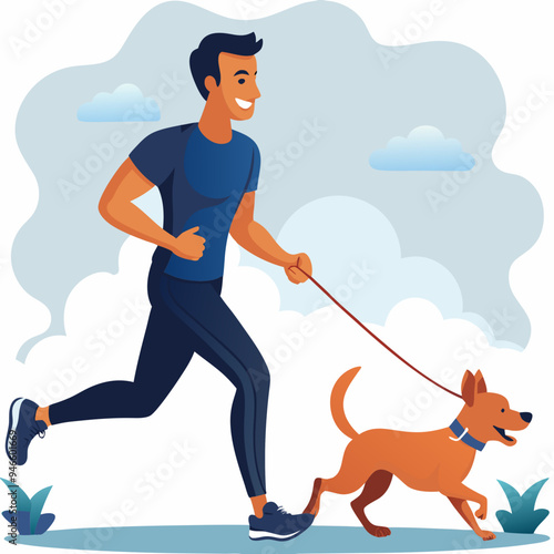 Young man happily jogging with his dog on a leash outdoors against a cloudy sky and green grass

