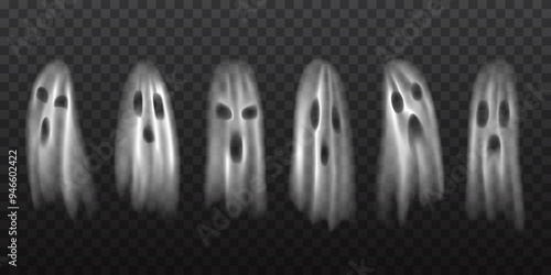 Set of transparent ghosts, realistic silhouettes isolated on checkered background. Cute, angry, spooky faces, mystic creatures, monsters, horror spirits for halloween decoration. Mesh gradient effect.