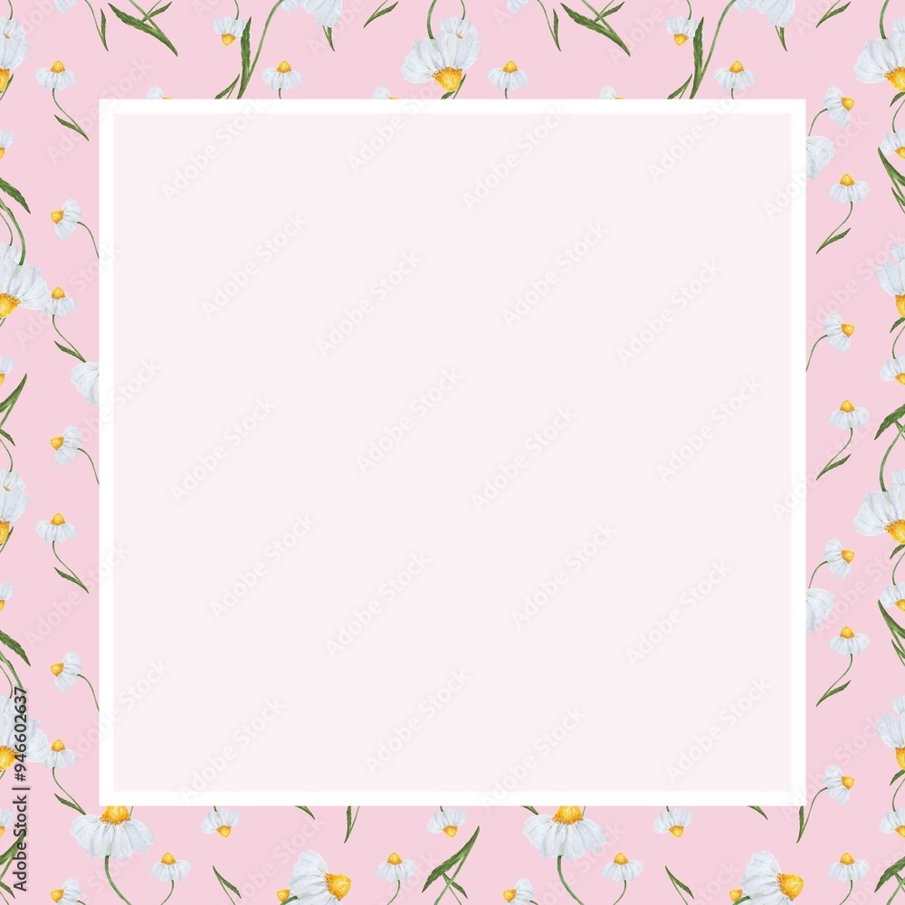 Delicate frame design floral pattern on pink background. Isolated watercolor flowers daisies. Delicate frame design floral pattern on pink background. Isolated watercolor flowers daisies.