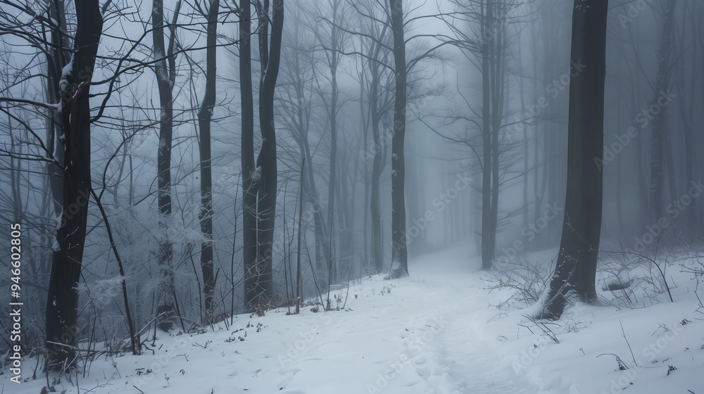 Fototapeta premium Misty winter forest with snow-covered path and trees