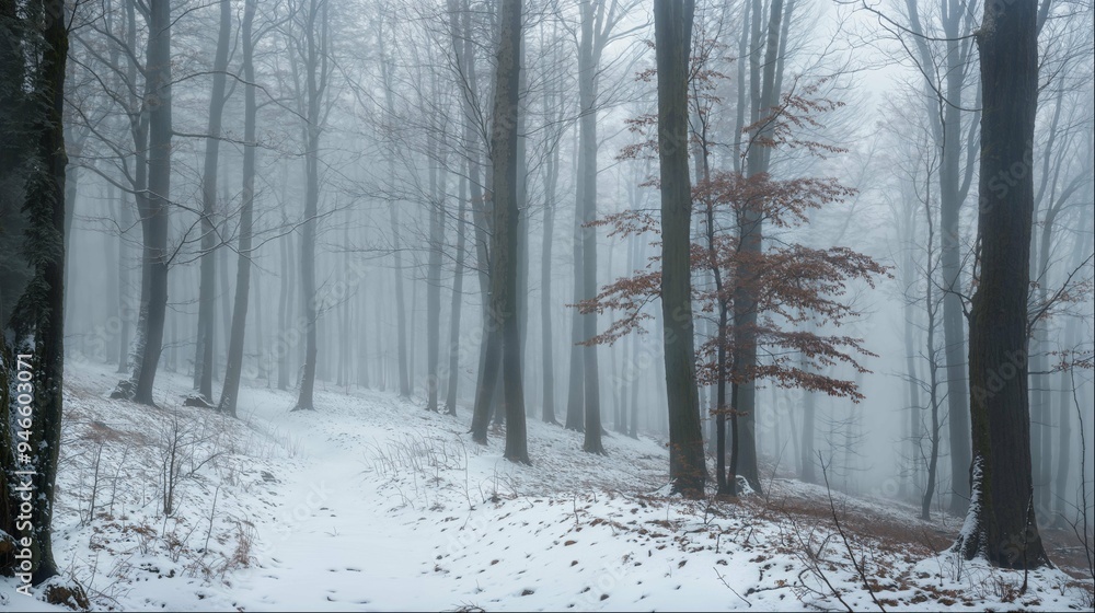 Naklejka premium Snowy forest with bare trees and misty atmosphere