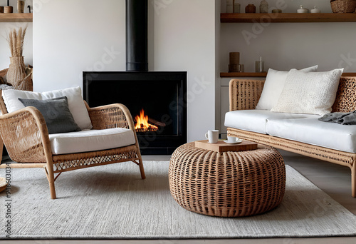 Stylish ome interior design of modern living room. Rattan lounge chair, wicker, pouf and white sofa by fireplace.  photo