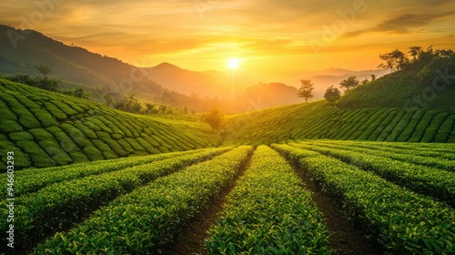 Lush green tea plantation at sunrise, with rows of tea bushes stretching into the distance under a soft golden light. Serene and picturesque landscape.