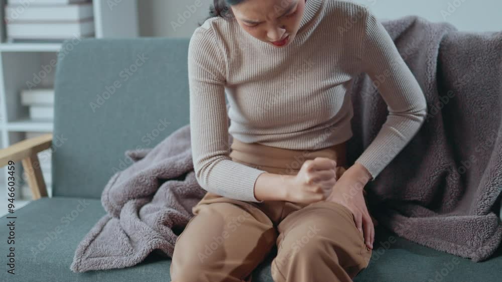 Young woman sitting on a sofa massages her leg, seeking relief from intense pain. Discomfort radiates through her body as she struggles with the symptoms of leg pain Young woman sitting on a sofa massages her leg, seeking relief from intense pain. Discomfort radiates through her body as she struggles with the symptoms of leg pain