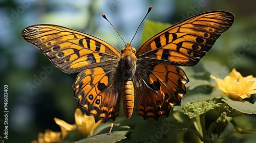 Spicebush swallowtail butterfly (Papilio troilus) nectaring on Zinnia in farm garden, wild and free. photo