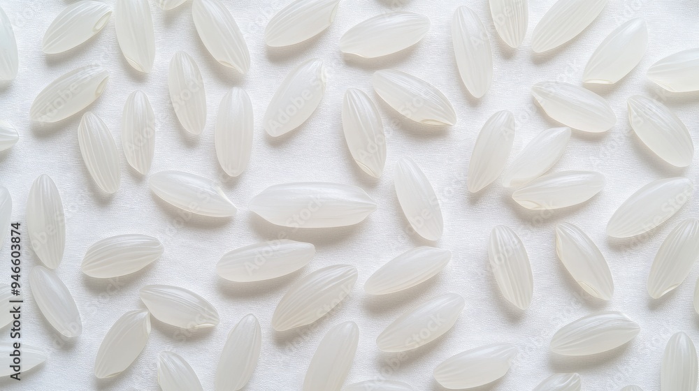 Close-up of jasmine rice grains arranged in a simple pattern on a white surface, focusing on their smooth texture and uniform shape, no people. Close-up of jasmine rice grains arranged in a simple pattern on a white surface, focusing on their smooth texture and uniform shape, no people.