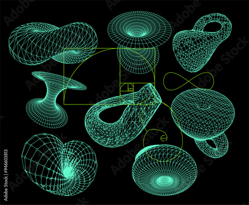 A set of wireframe illustrations of tunnels and Klein's bottle. Conceptual vector illustrtion of time-space 4D curvature and wormholes.