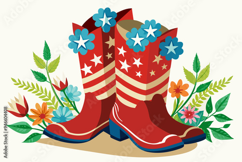 4th of july pair of old leather cowboy boots Flowers watercolor clipart illustration with isolated background.
