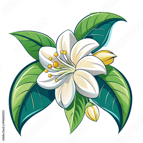 Illustration Of Jasmine Flowers With Leaves -looming jasmine flowers with vibrant green leaves. Perfect for botanical art, nature themes, and floral designs conveying freshness and elegance.
