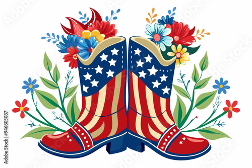 4th of july pair of old leather cowboy boots Flowers watercolor clipart illustration with isolated background.

