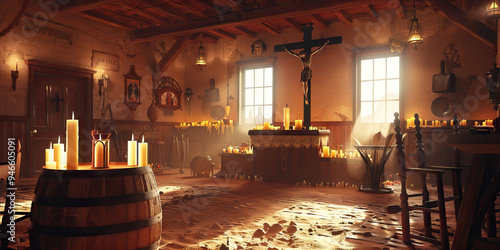 A dusty saloon in the Wild West, with a makeshift altar adorned with candles and a crucifix, signifying the faithful's devotion.  photo